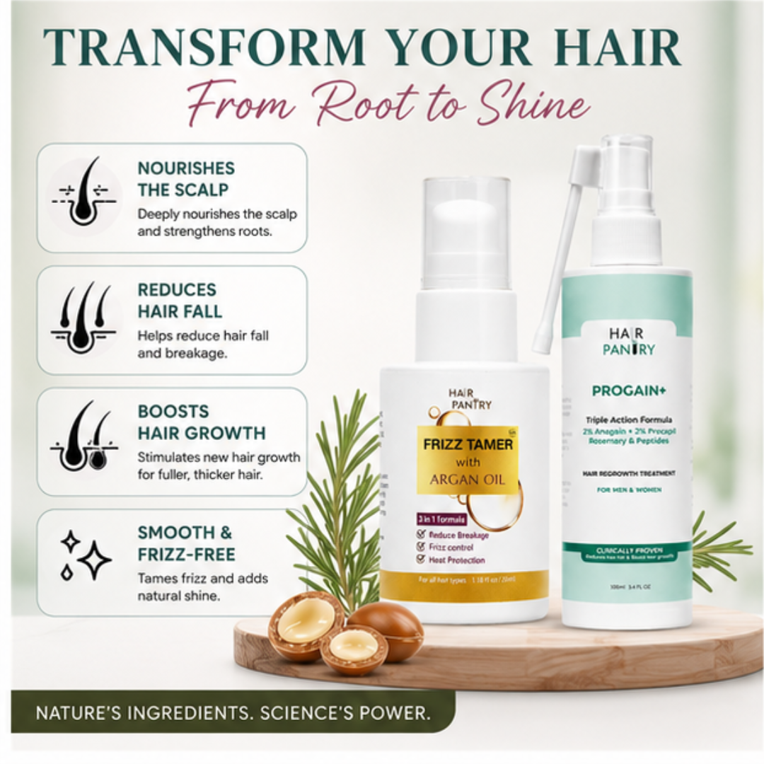 Hair Pantry ProGain+ Hair Fall Serum + Frizz Tamer Serum Deal – Stronger Roots, Smoother Hair, Visible Results –  Reduces Hair Fall, Boosts Growth, Tames Frizz