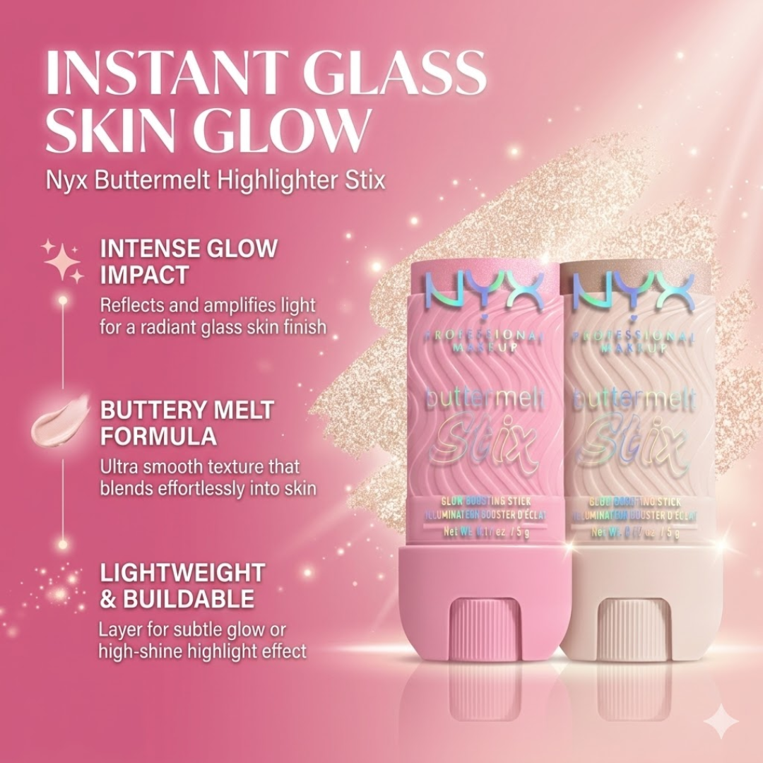 NYX Professional Makeup Buttermelt Highlighter Stix | 8-Hour Wear, Buildable High-Shine Finish | Glass Skin Radiance, Buttery Smooth Blend, Long-Lasting Glow