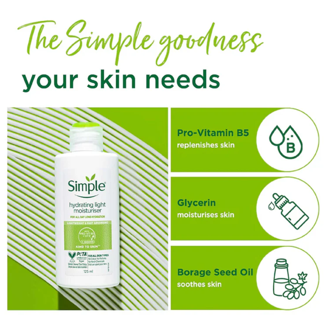 Simple Hydrating Light Moisturiser | 12-Hour Moisture, Vitamin B5+E & Niacinamide, for Sensitive Skin