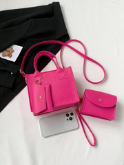 3pcs Set: Mini Solid Color Argyle Embossed Square Bags, PU Leather Dual Handle Adjustable Shoulder Strap Crossbody Bag, Wristlet Pouch, Zipper Wallet, Fashion Women Multi-Purpose Daily/School/Work Bag