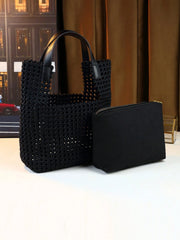 High-End Woven Shoulder Bag, Designer Large Capacity Tote Bag With Letter Design, Hollow Basket Style Handbag For Fashionable Commuting And Travel
