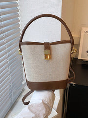 1pc Fashion Contrast Color Canvas Patchwork Bucket Bag With Adjustable Shoulder Strap