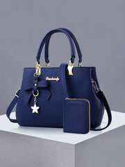 2pcs/1pc Women Solid Color Handbag & Wallet Set, With PU Leather & Bow Pendant, Zipper Closure, Great Mother's Day/Valentine's Day Gift, Elegant Women Tote Bag, Shoulder Bag, Cross-Body Bag, Large Capacity Purse