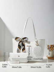 3 PiecesWomen Set: Silk Scarf, Tote Bag, Shoulder Bag, Quilted Clutch, Coin Purse