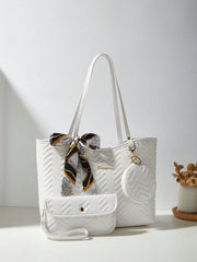 3 PiecesWomen Set: Silk Scarf, Tote Bag, Shoulder Bag, Quilted Clutch, Coin Purse