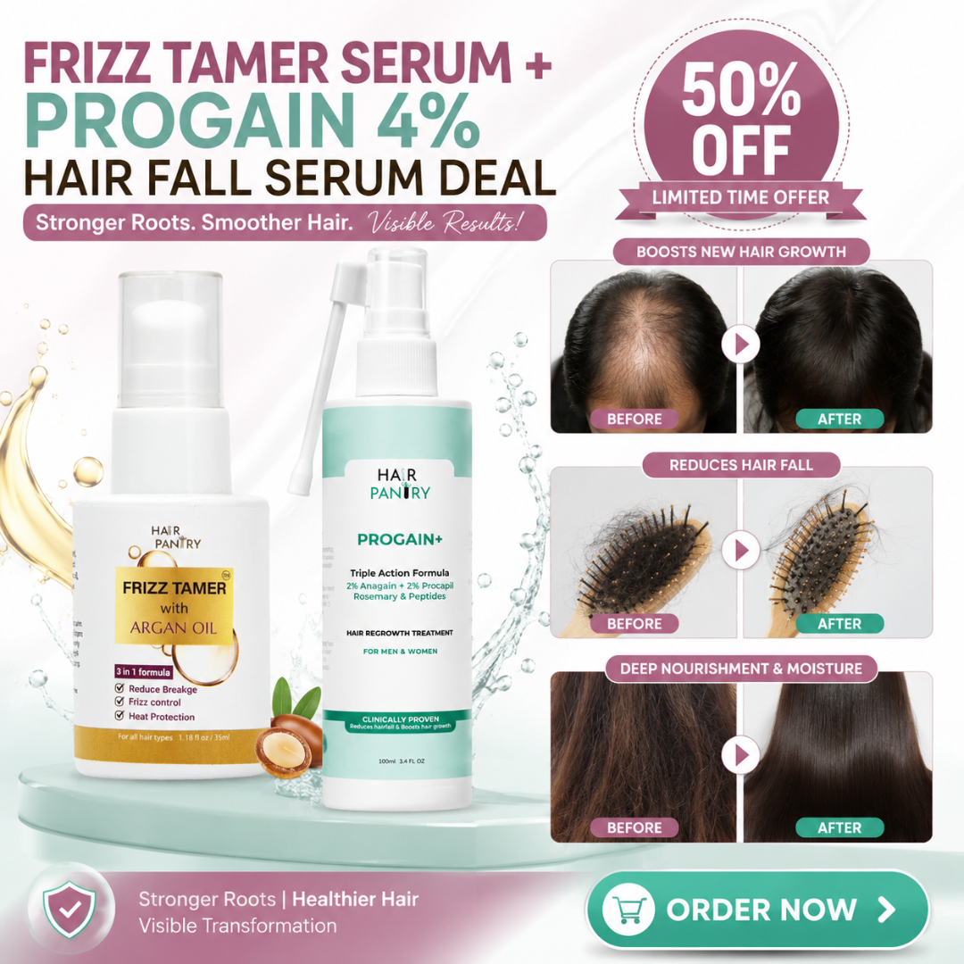 Hair Pantry ProGain+ Hair Fall Serum + Frizz Tamer Serum Deal – Stronger Roots, Smoother Hair, Visible Results –  Reduces Hair Fall, Boosts Growth, Tames Frizz