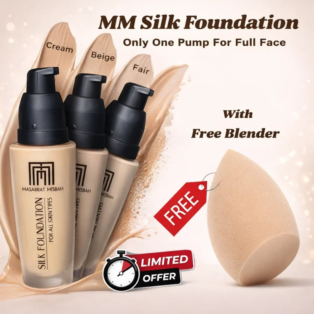 Buy MM Silk Foundation & Get Beauty blender FREE – Full Coverage, Long Lasting & Waterproof – Natural Finish, 24H Moisture Lock