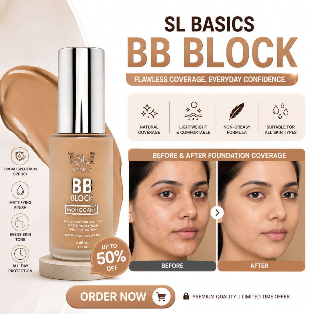 SL Basics BB Block – Flawless Coverage, Everyday Confidence – Broad Spectrum SPF 30+ – Mattifying Finish – Evens Skin Tone, Lightweight, Non-Greasy – All-in-One Protection