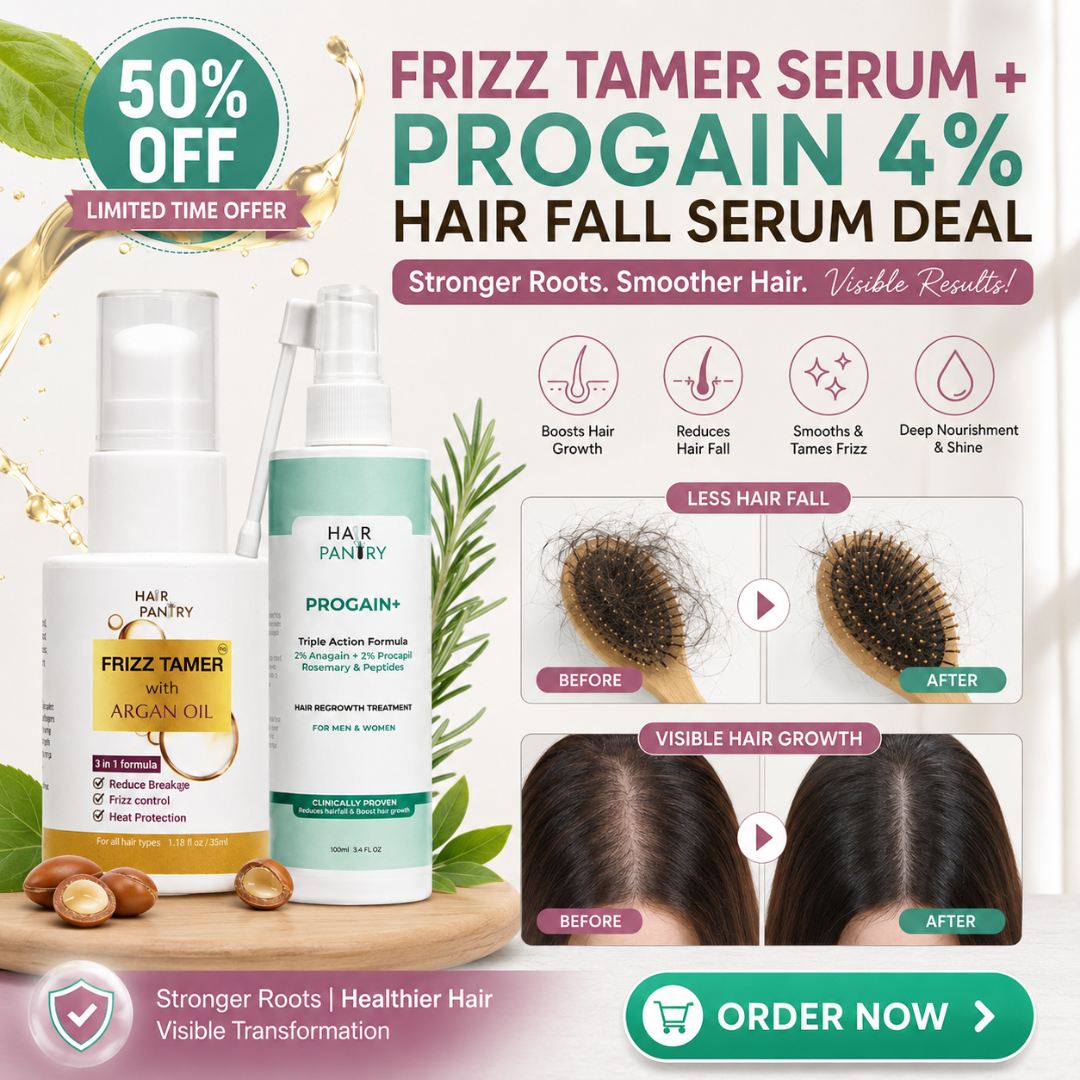 Hair Pantry ProGain+ Hair Fall Serum + Frizz Tamer Serum Deal – Stronger Roots, Smoother Hair, Visible Results –  Reduces Hair Fall, Boosts Growth, Tames Frizz