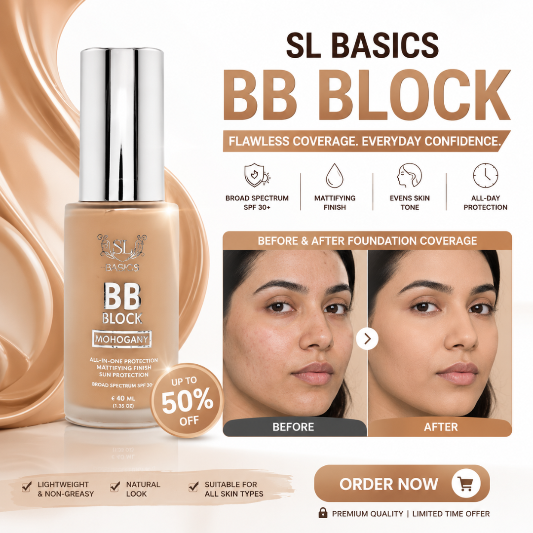 SL Basics BB Block – Flawless Coverage, Everyday Confidence – Broad Spectrum SPF 30+ – Mattifying Finish – Evens Skin Tone, Lightweight, Non-Greasy – All-in-One Protection
