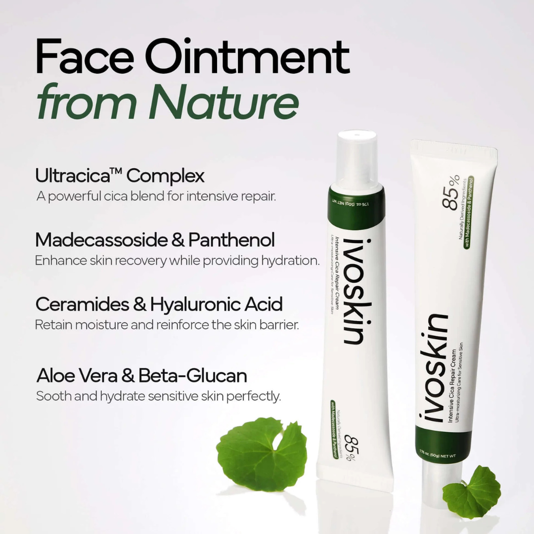 Ivoskin Intensive Cica Repair Cream | 85% Naturally Derived with Madecassoside, Ceramides & Hyaluronic Acid | Calms Redness, Clears Acne & Repairs Skin Barrier