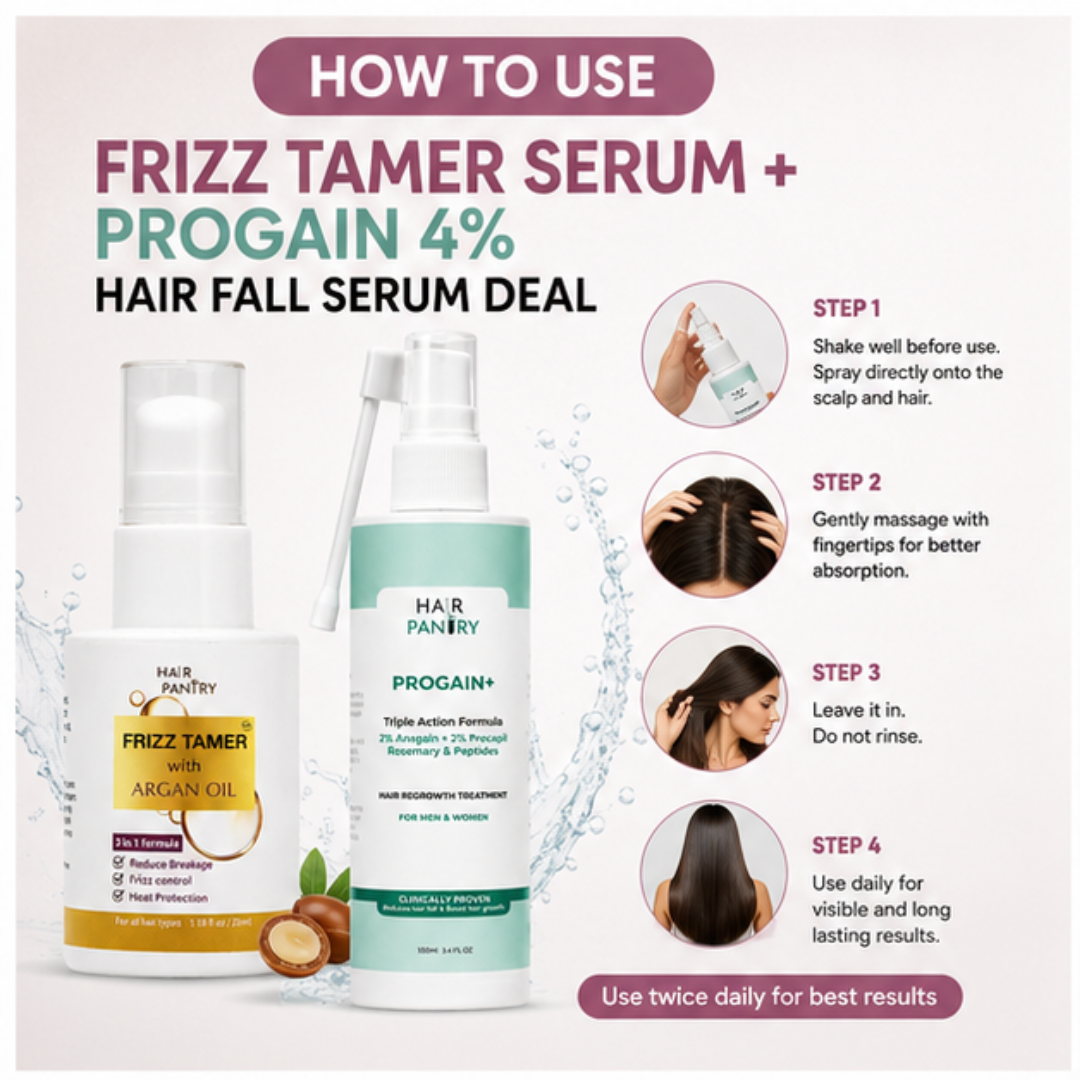 Hair Pantry ProGain+ Hair Fall Serum + Frizz Tamer Serum Deal – Stronger Roots, Smoother Hair, Visible Results –  Reduces Hair Fall, Boosts Growth, Tames Frizz
