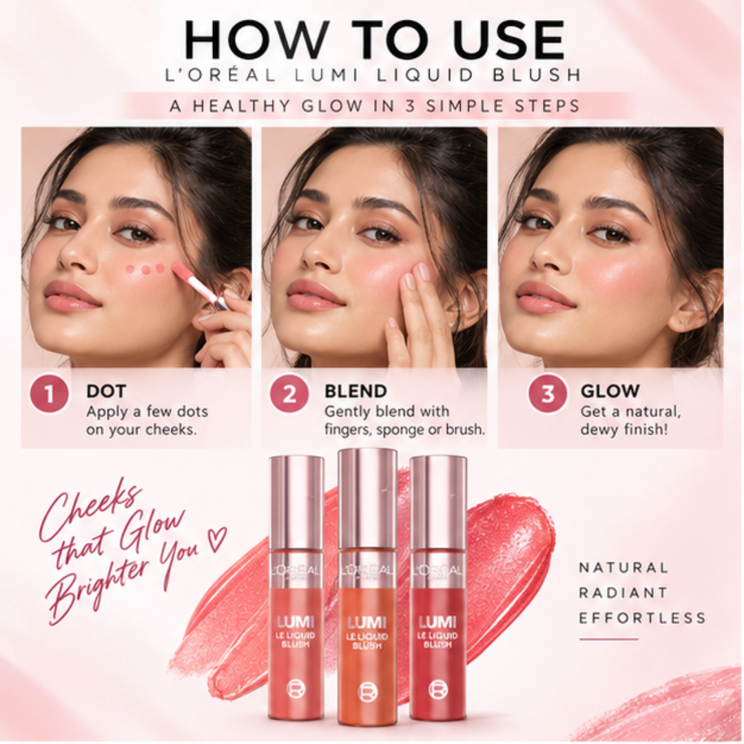 L'Oréal LUMI Le Liquid Blush (Pack of 3) - 2 in 1 Highlighter + Blush in One – Natural Dewy Glow & Buildable Color