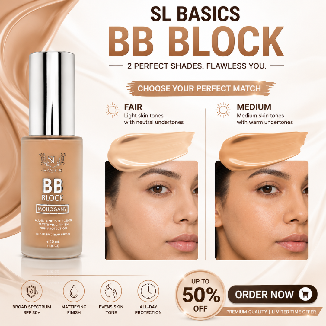 SL Basics BB Block – Flawless Coverage, Everyday Confidence – Broad Spectrum SPF 30+ – Mattifying Finish – Evens Skin Tone, Lightweight, Non-Greasy – All-in-One Protection