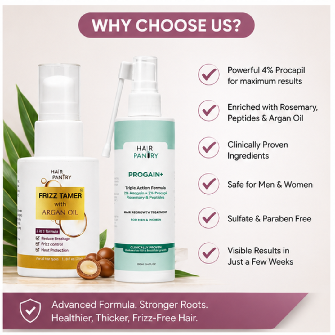 Hair Pantry ProGain+ Hair Fall Serum + Frizz Tamer Serum Deal – Stronger Roots, Smoother Hair, Visible Results –  Reduces Hair Fall, Boosts Growth, Tames Frizz