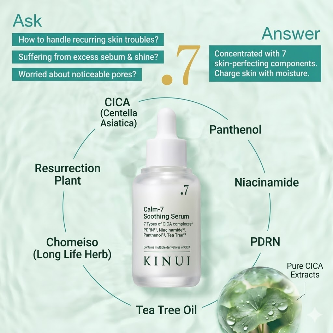 KINUI Calm-7 Soothing Serum | 7 Skin-Perfecting Ingredients with 3 Types of CICA, PDRN, Niacinamide, Panthenol & Tea Tree | Pore Control, Oil Balance & Pigmentation Care