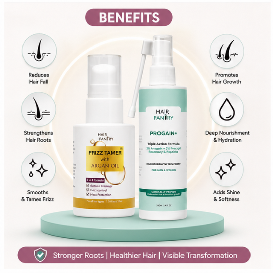 Hair Pantry ProGain+ Hair Fall Serum + Frizz Tamer Serum Deal – Stronger Roots, Smoother Hair, Visible Results –  Reduces Hair Fall, Boosts Growth, Tames Frizz
