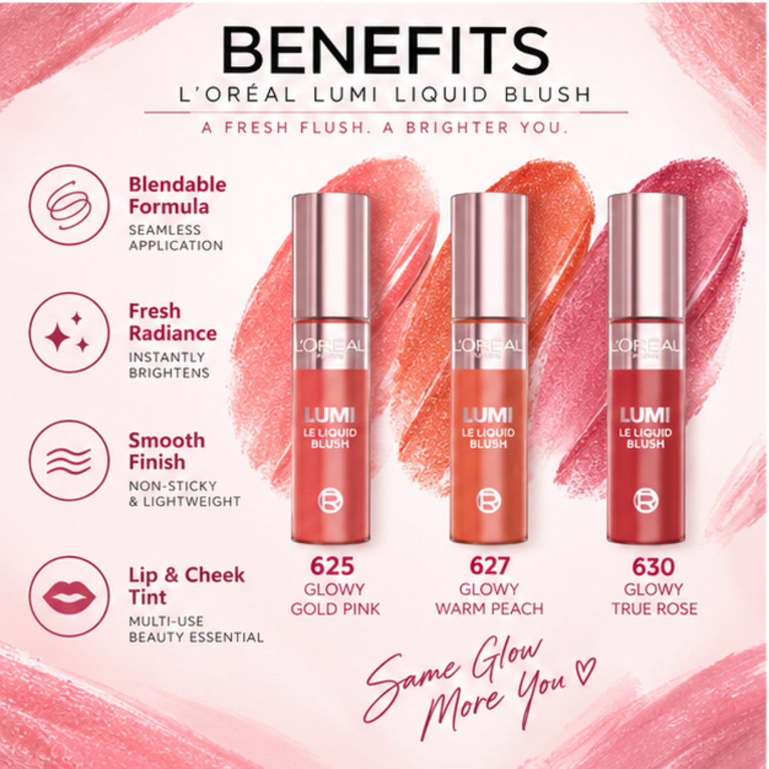 L'Oréal LUMI Le Liquid Blush (Pack of 3) - 2 in 1 Highlighter + Blush in One – Natural Dewy Glow & Buildable Color