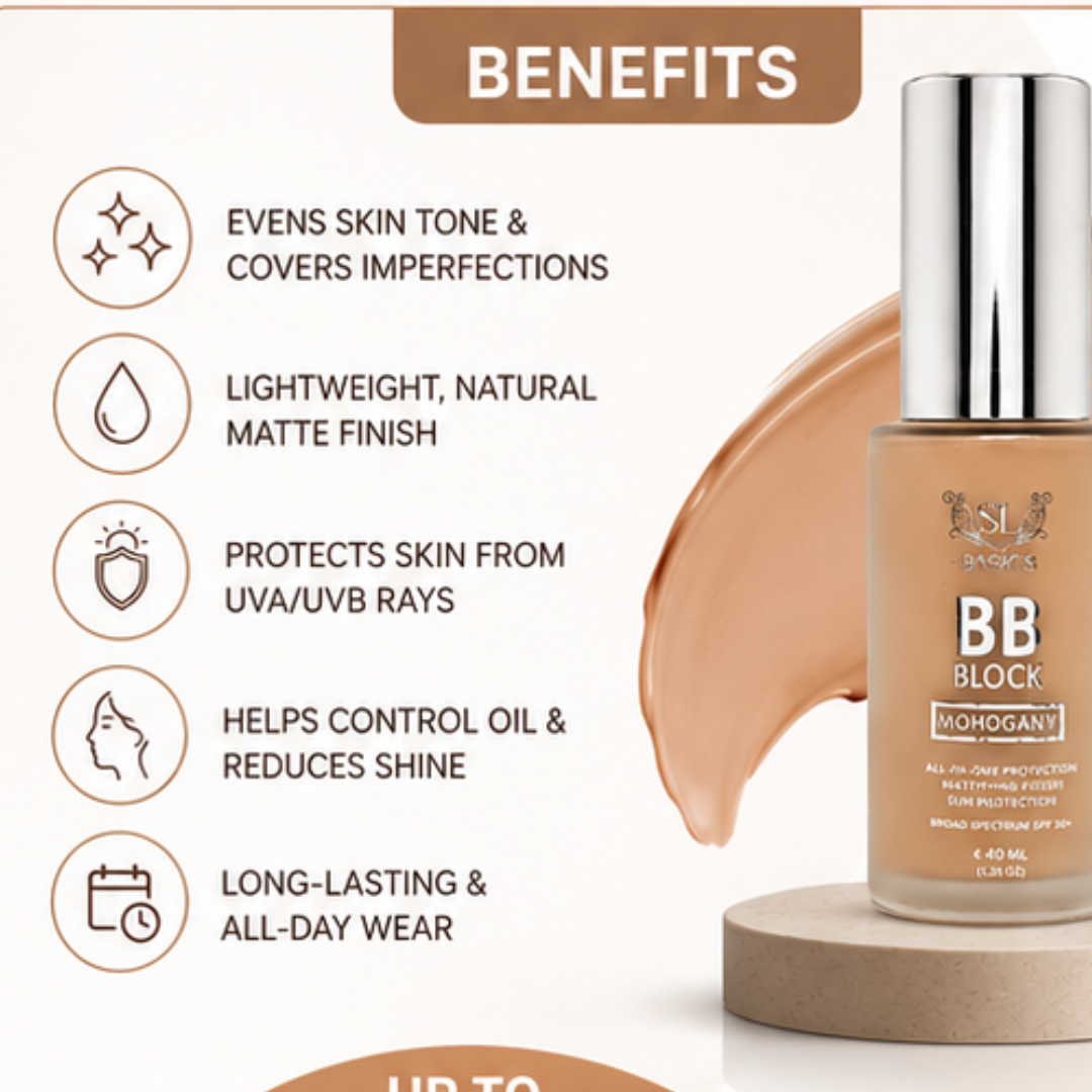 SL Basics BB Block – Flawless Coverage, Everyday Confidence – Broad Spectrum SPF 30+ – Mattifying Finish – Evens Skin Tone, Lightweight, Non-Greasy – All-in-One Protection
