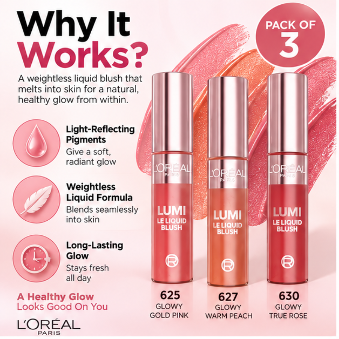 L'Oréal LUMI Le Liquid Blush (Pack of 3) - 2 in 1 Highlighter + Blush in One – Natural Dewy Glow & Buildable Color