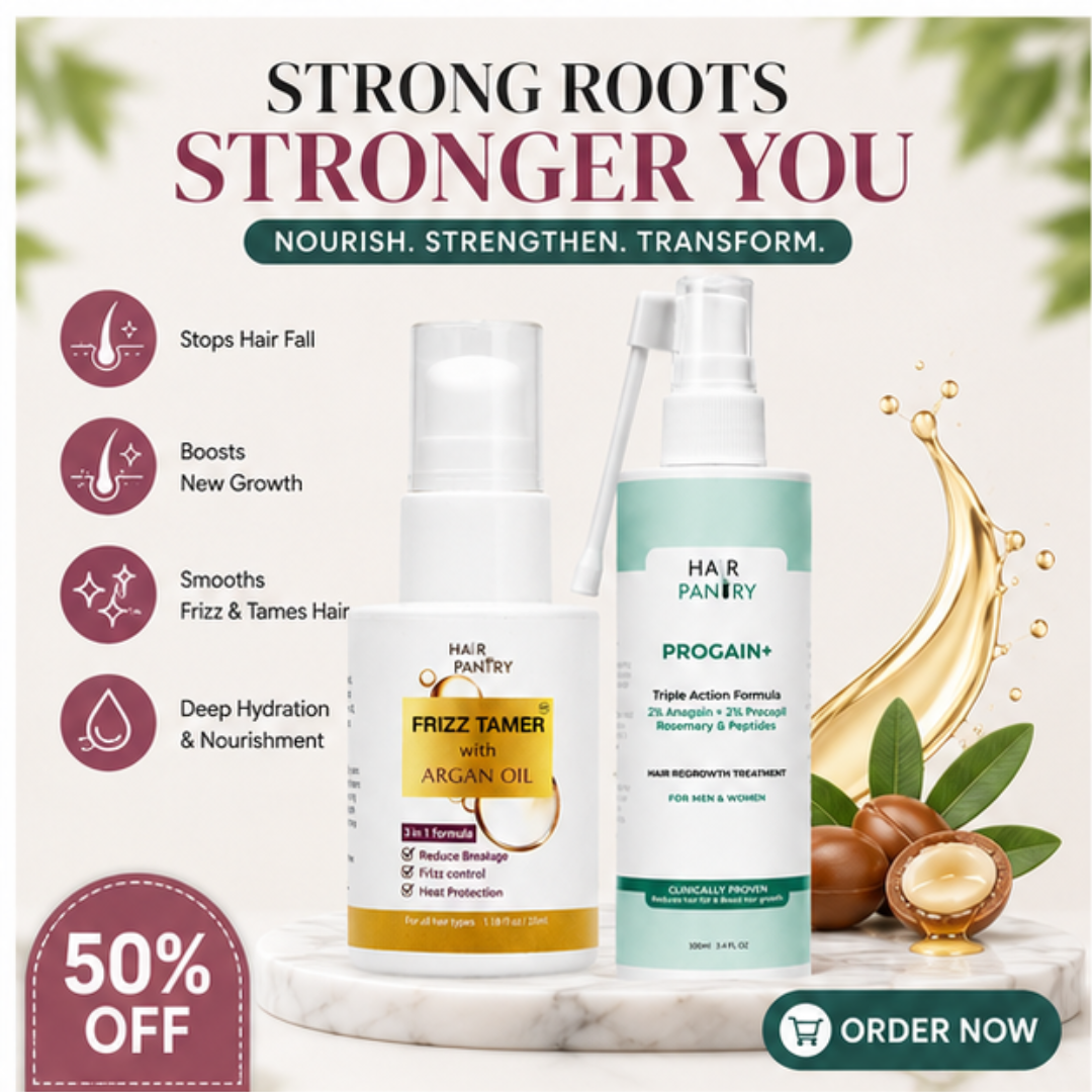 Hair Pantry ProGain+ Hair Fall Serum + Frizz Tamer Serum Deal – Stronger Roots, Smoother Hair, Visible Results –  Reduces Hair Fall, Boosts Growth, Tames Frizz