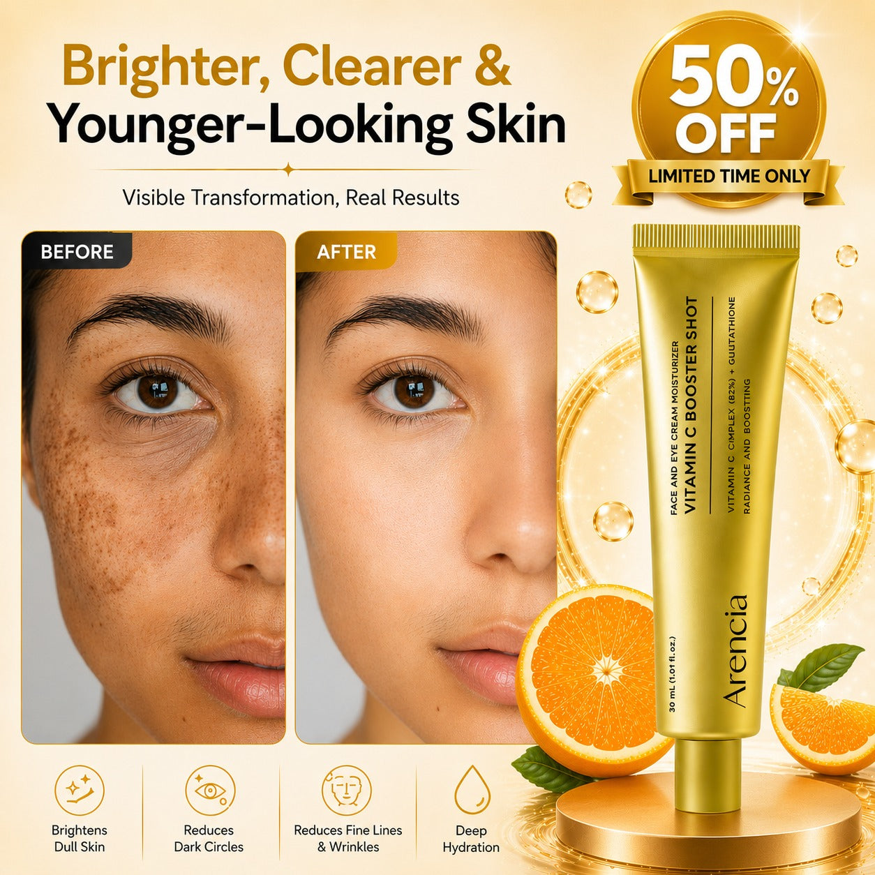 Arencia Vitamin C Cream | Removes Dark Spots & Pigmentation | Reduces Fine Lines & Wrinkles | Anti-Aging & Acne Mark Fading | Deep Hydration & Skin Brightening